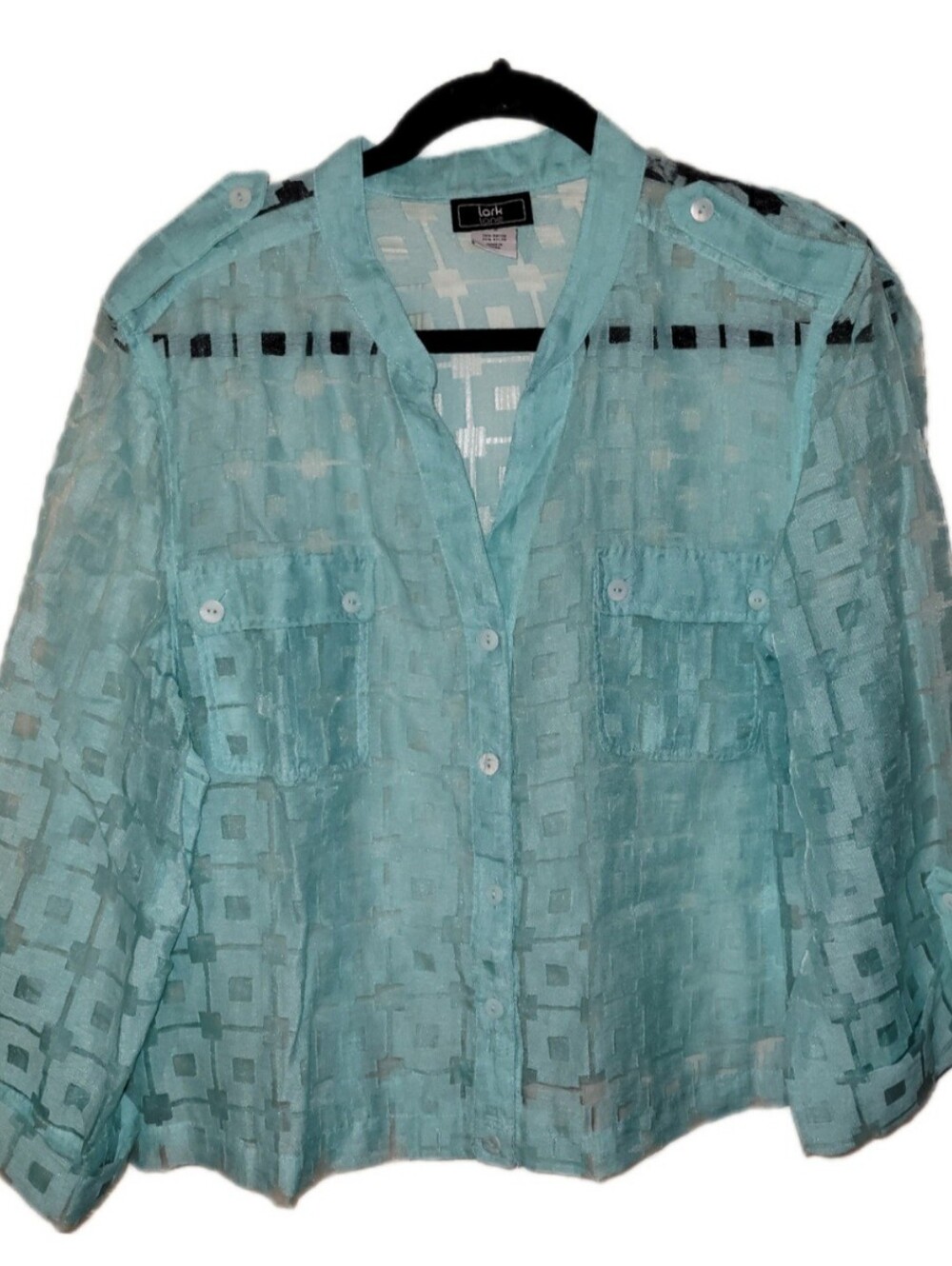 Lark Lane Teal Green Mesh Button Up 3/4 Sleeve Jacket Size 16 See Through Demure